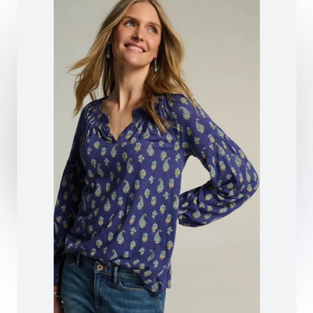 J Jill Boho Print Top Sz L w MEASURMENTS w Smocking Detail. Cotton Tencel Modal